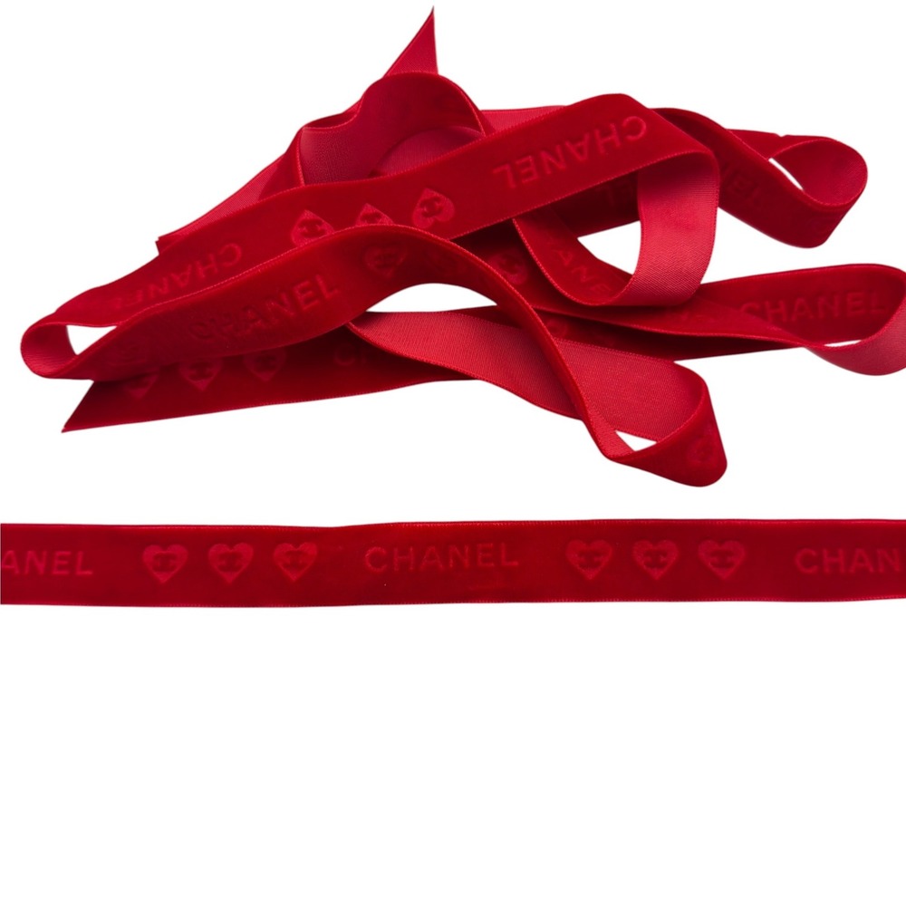 Chanel Ribbons 62", 18"Red Velvet Heart Embossed Logo Luxury Authentic Accessory